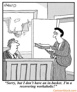 CartoonStock Artist Spotlights showing a Bradford Veley cartoon showing an office worker handing papers to a colleague and saying, “Sorry, but I don’t have an in-basket. I’m a recovering workaholic!”